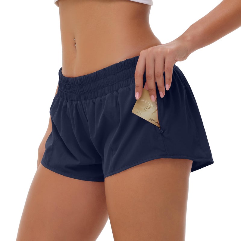 Aurefin Lightweight Athletic Shorts for Women, Quick Dry Running Shorts with Zip Pocket and Liner Womens Gym Workout Shorts Navy Blue XL - Image 2