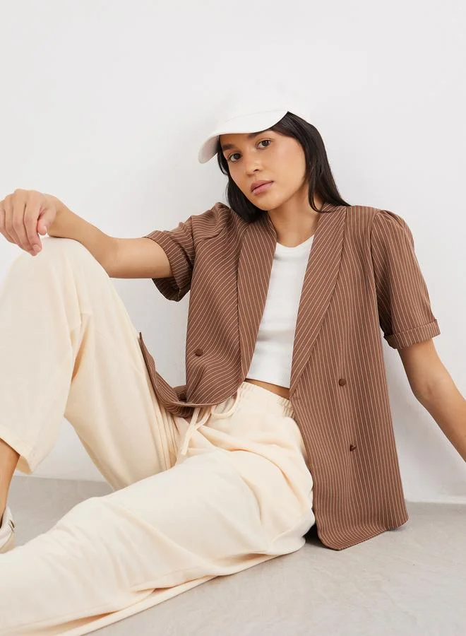 Styli Styli Striped Lapel Collar Short Sleeve Wrap Blazer