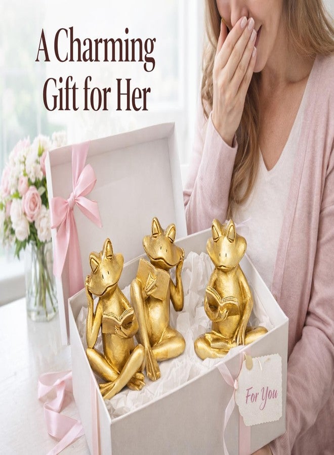 Dawbun Gold Frog Figurines Set of 3 Funny Frog Gifts for Women Cute Reading Sculptures Stuff Golden Animal Statue for Book Lovers Home Decor Office Shelves Desk Living Room Table Bookshelf Literary Ornaments - Image 4