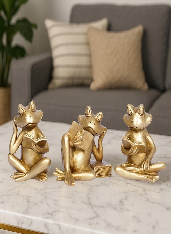 Dawbun Gold Frog Figurines Set of 3 Funny Frog Gifts for Women Cute Reading Sculptures Stuff Golden Animal Statue for Book Lovers Home Decor Office Shelves Desk Living Room Table Bookshelf Literary Ornaments - Image 2