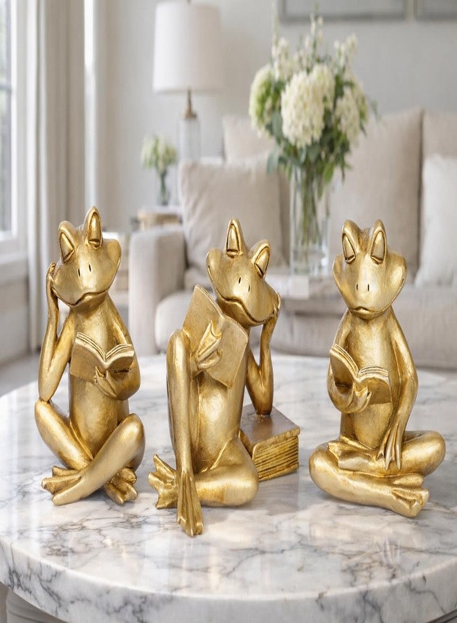 Dawbun Gold Frog Figurines Set of 3 Funny Frog Gifts for Women Cute Reading Sculptures Stuff Golden Animal Statue for Book Lovers Home Decor Office Shelves Desk Living Room Table Bookshelf Literary Ornaments - Image 3