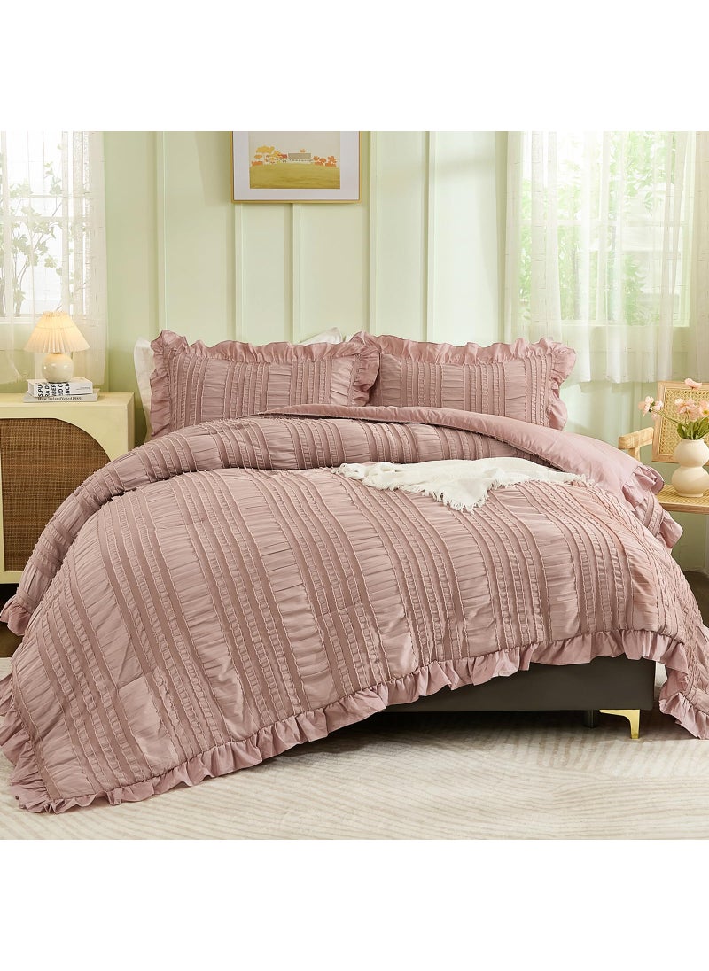 WONGS BEDDING WONGS BEDDING Pink Comforter Set Queen 3 Pieces Ruffle Farmhouse Shabby Chic Boho Comforter for Queen Bed Soft Seersucker Textured Bedding Set with 1 Ruffle Comforter 2 Tufted Pillowcases 90""?90""  - Image 1