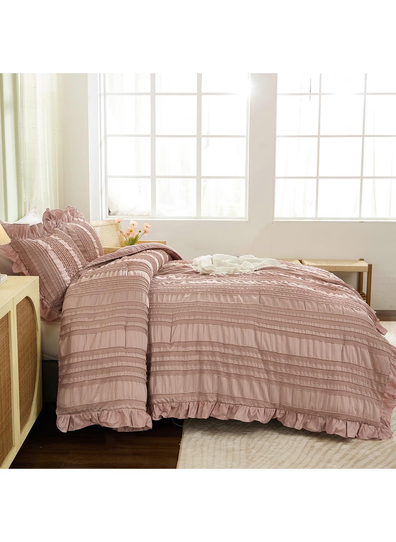 WONGS BEDDING WONGS BEDDING Pink Comforter Set Queen 3 Pieces Ruffle Farmhouse Shabby Chic Boho Comforter for Queen Bed Soft Seersucker Textured Bedding Set with 1 Ruffle Comforter 2 Tufted Pillowcases 90""?90""  - Image 3