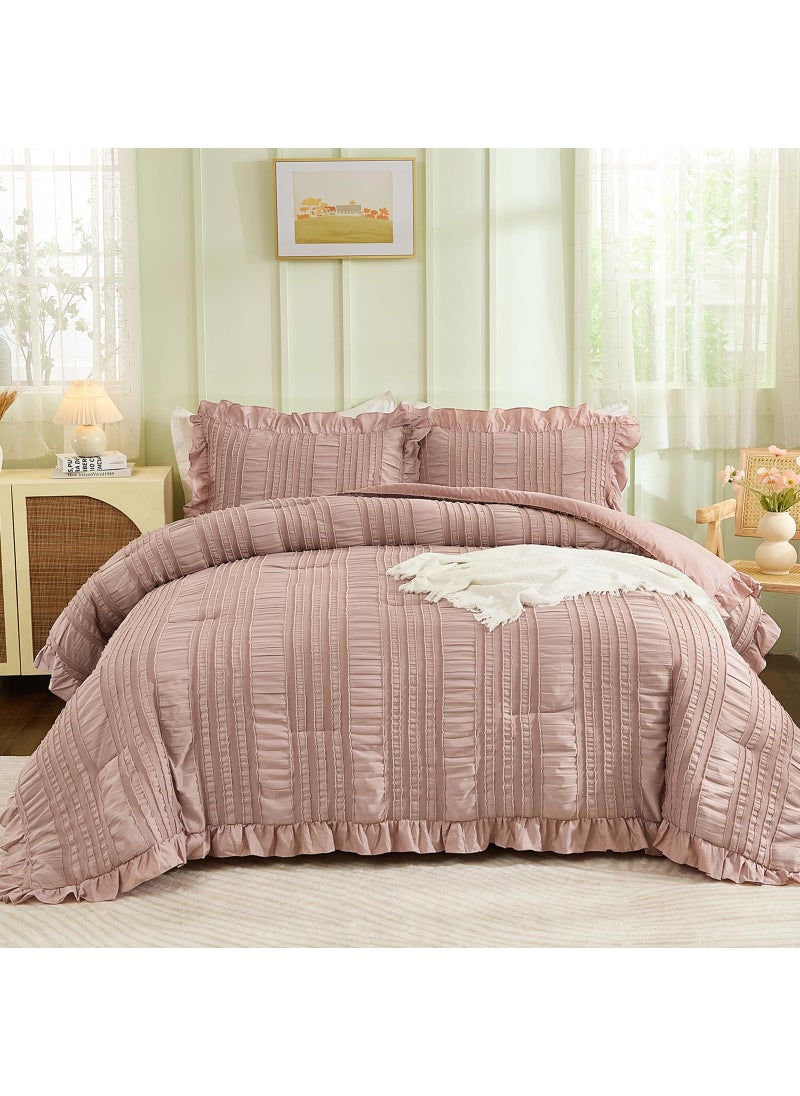 WONGS BEDDING WONGS BEDDING Pink Comforter Set Queen 3 Pieces Ruffle Farmhouse Shabby Chic Boho Comforter for Queen Bed Soft Seersucker Textured Bedding Set with 1 Ruffle Comforter 2 Tufted Pillowcases 90""?90""  - Image 4