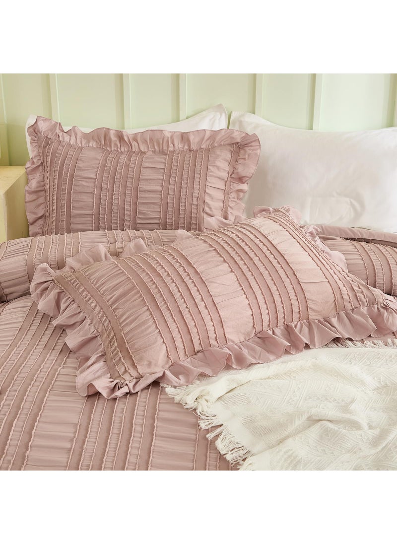 WONGS BEDDING WONGS BEDDING Pink Comforter Set Queen 3 Pieces Ruffle Farmhouse Shabby Chic Boho Comforter for Queen Bed Soft Seersucker Textured Bedding Set with 1 Ruffle Comforter 2 Tufted Pillowcases 90""?90""  - Image 5