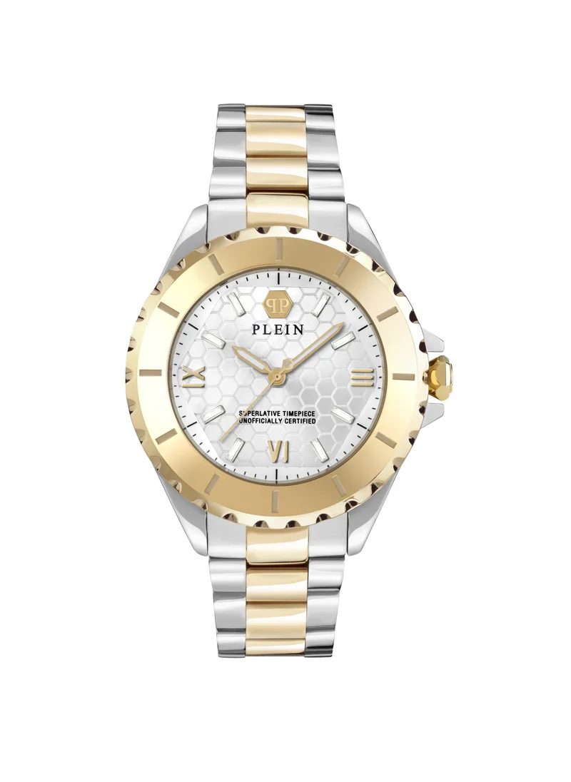 فيليب بلين PLEIN HEAVEN Philipp Plein Women’s Watch, White Honeycomb Dial, Gold-Tone Bezel, Stainless Steel Bracelet, 38mm Case, 50m Water Resistant, 3 Hands Quartz Movement