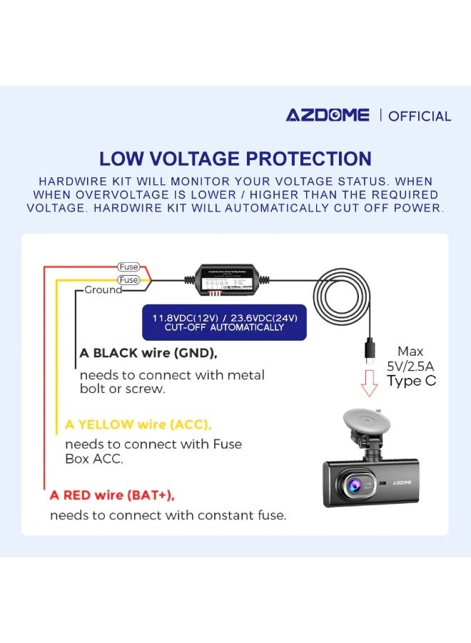 أزدوم مجموعة توصيل مباشرة HT03 بمنفذ Type-C لكاميرات السيارة، مراقبة 24 ساعة، تحويل 12-24V إلى 5V/2.5A، حماية متعددة الدوائر، كابل 3.5 متر مع فيوز - Image 5