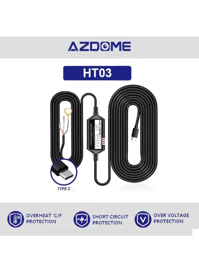 أزدوم مجموعة توصيل مباشرة HT03 بمنفذ Type-C لكاميرات السيارة، مراقبة 24 ساعة، تحويل 12-24V إلى 5V/2.5A، حماية متعددة الدوائر، كابل 3.5 متر مع فيوز - Image 1