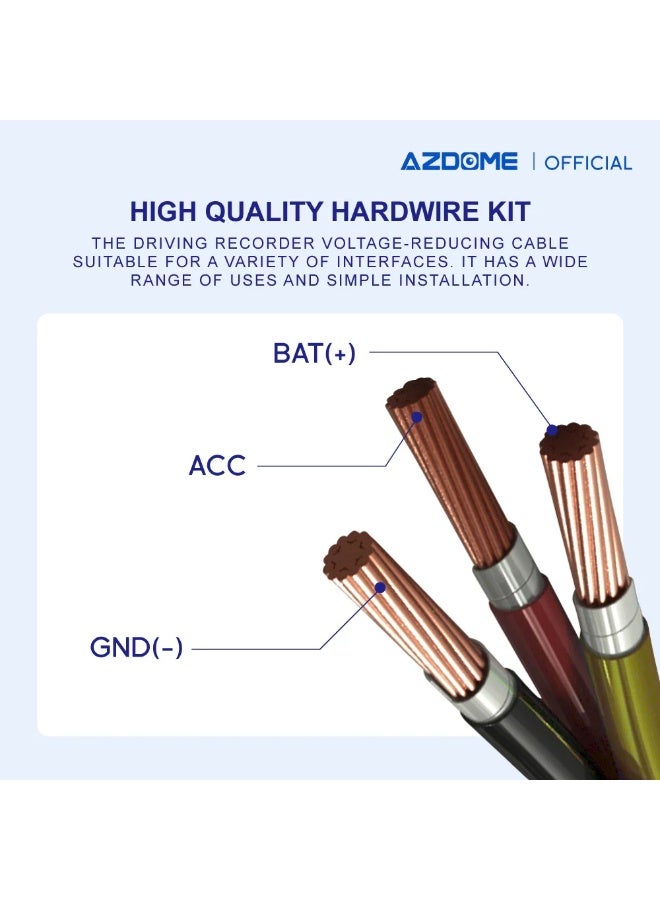 أزدوم مجموعة توصيل مباشرة HT03 بمنفذ Type-C لكاميرات السيارة، مراقبة 24 ساعة، تحويل 12-24V إلى 5V/2.5A، حماية متعددة الدوائر، كابل 3.5 متر مع فيوز - Image 3