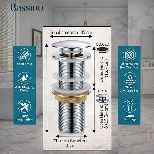 BASSINO Premium 5 Inch Brass Waste Coupling/Washbasin Drainer/Rust-Proof Pop-Up for Basin/Drain Stopper for Tabletop, Wall-Mount & Pedestal Wash Basins(Glossy White) - Image 3
