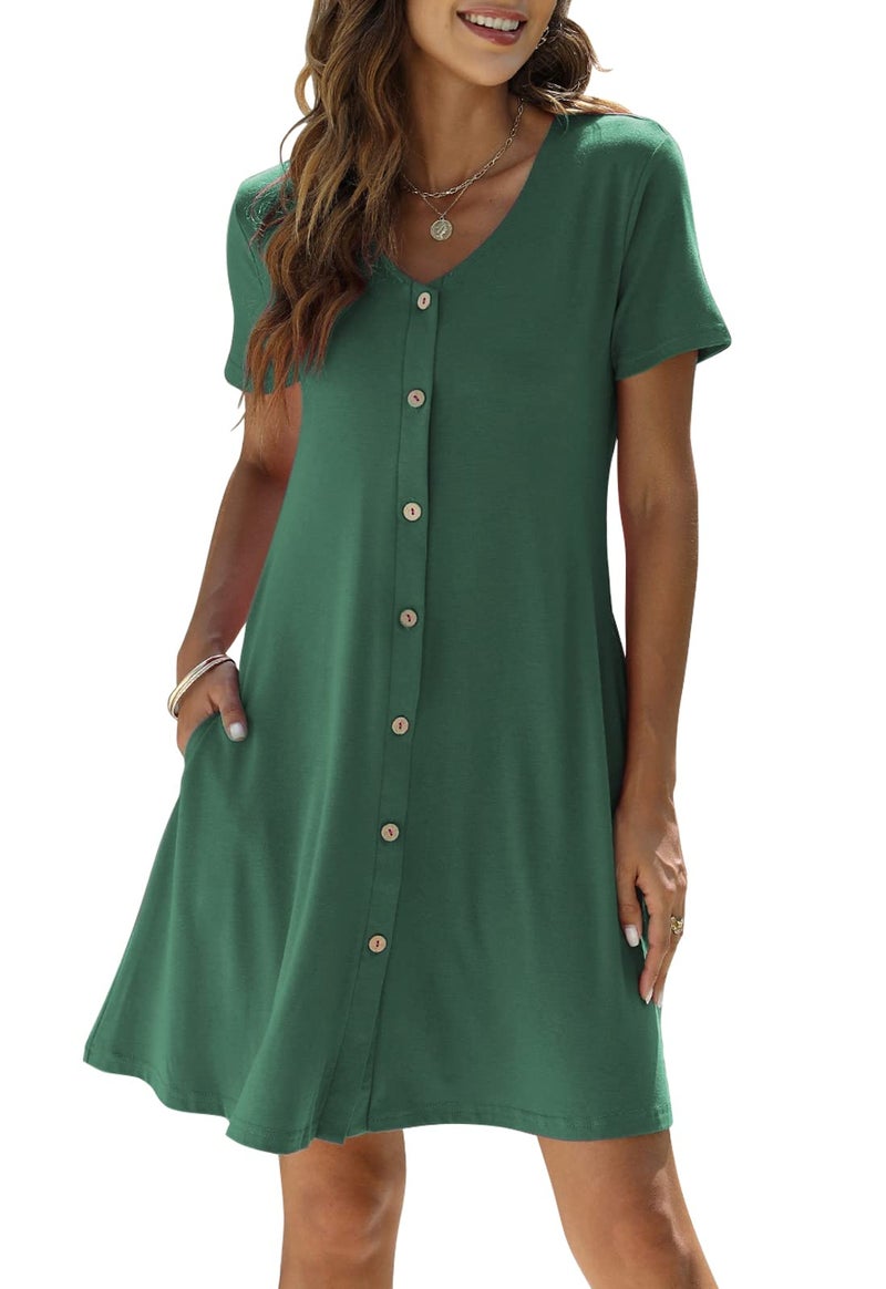 Manydress Women's Summer Casual T Shirt Short Sleeve Button Down Swing Dress with Pockets MY035 (Army Green, XL) - Image 3