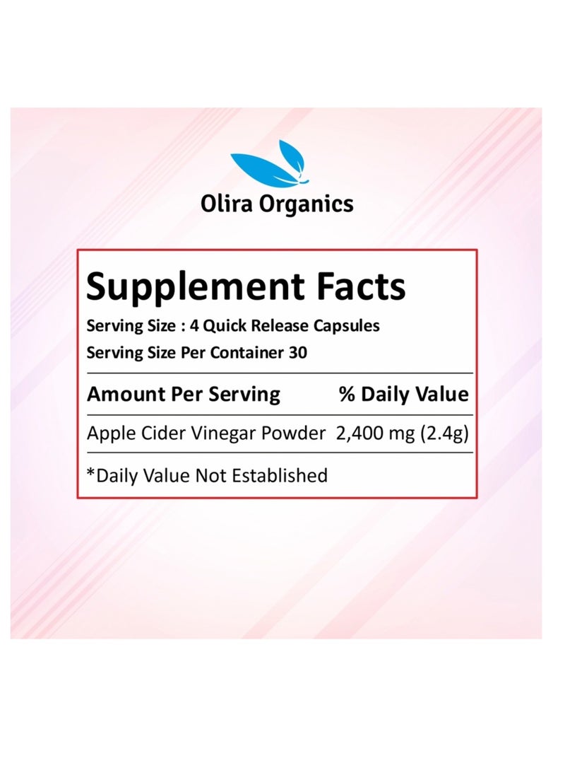 Olira Organics Apple Cider Vinegar 120 Capsules | Digestion | Detoxification | Weight Management  - Image 3