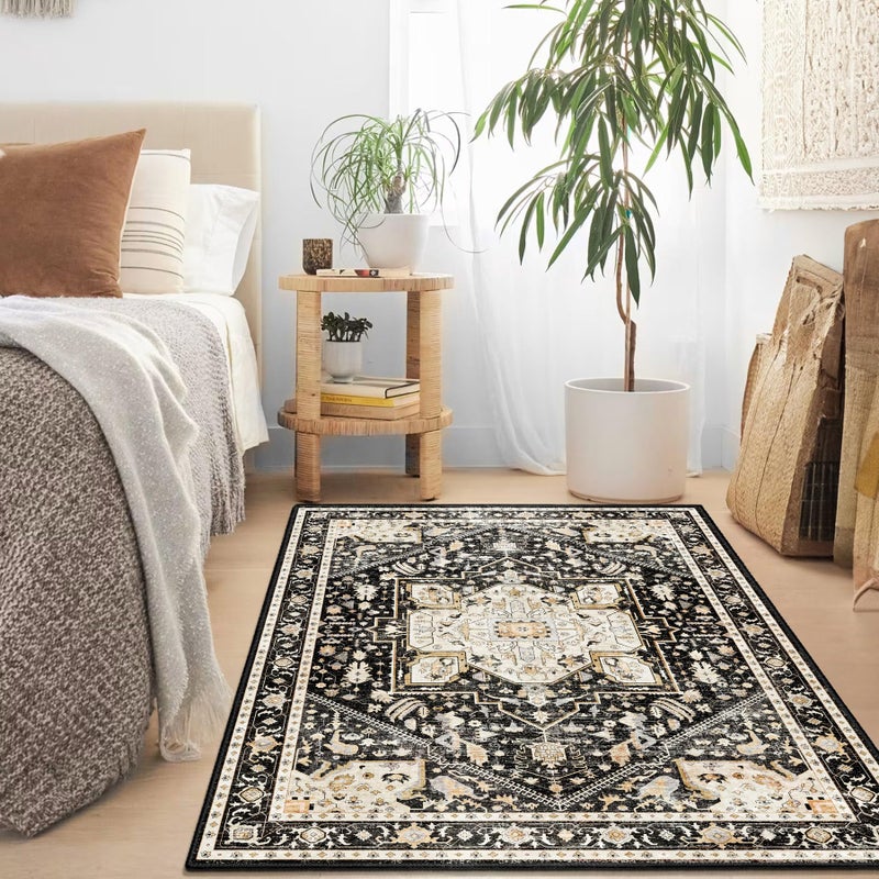 MUJOO Black Rug 3'x5' Washable,Boho Small Area Rugs for Bedroom Entryway Living Room Kitchen,Non Slip Carpet Indoor,Vintage Soft Black and Gold Floral Rug - Image 3
