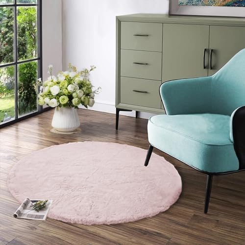 Latepis Fuzzy Light Pink Round Rug 4ft Soft Faux Rabbit Fur Washable NonSlip Shaggy Furry Rug for Living Room Cute Throw Rugs for Bedroom Playroom Nursery Dorm - Image 1