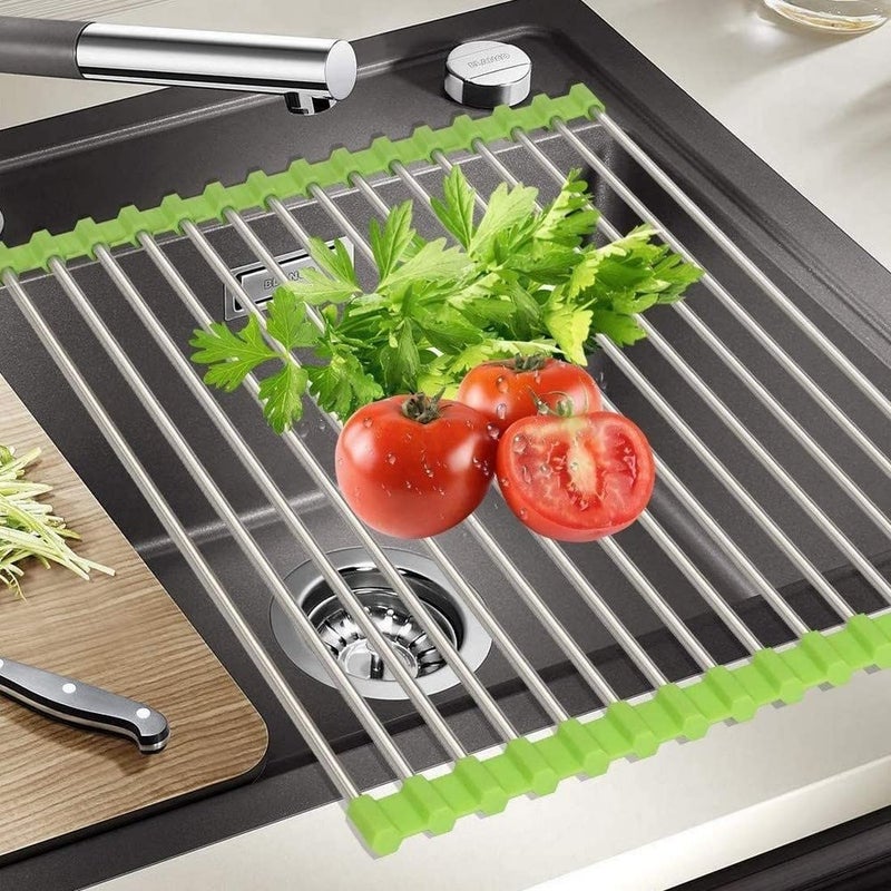 RENARSH Stainless Steel Foldable RollUp Over Sink Fruit Vegetable Utensils Drying Rack Dish Drainer Mat for Kitchen - Image 2