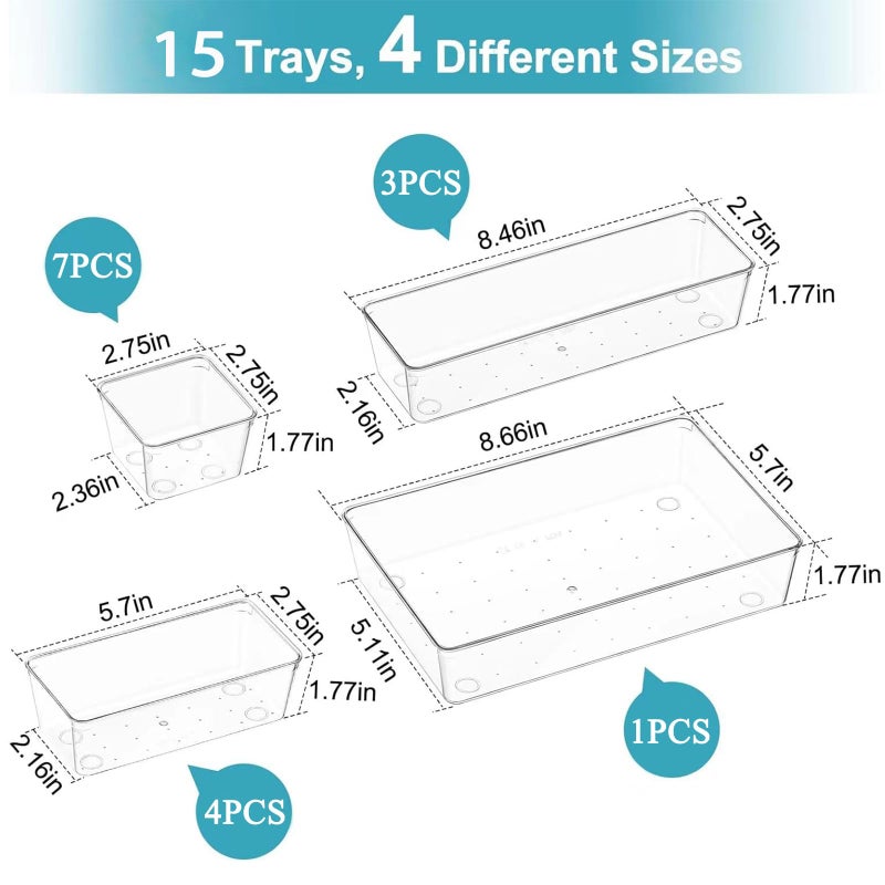 Pioleackflew 15 Pack Clear Plastic Drawer Organizer Set - 4 Sizes Makeup Vanity Organizer Chest of Drawers Storage Stackable Organizers Bins Divider Box for kitchens, Bedrooms, Bathrooms, Offices, Junk, Gadgets - Image 3