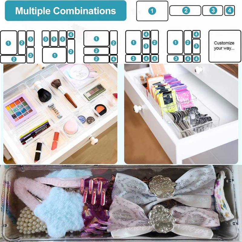 Pioleackflew 15 Pack Clear Plastic Drawer Organizer Set - 4 Sizes Makeup Vanity Organizer Chest of Drawers Storage Stackable Organizers Bins Divider Box for kitchens, Bedrooms, Bathrooms, Offices, Junk, Gadgets - Image 5