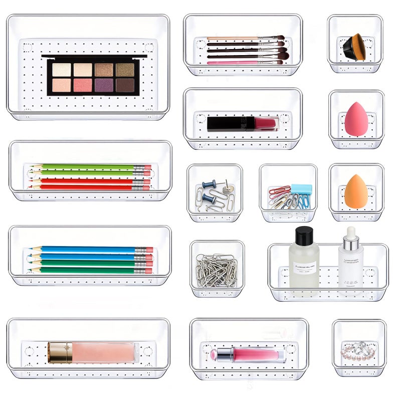 Pioleackflew 15 Pack Clear Plastic Drawer Organizer Set - 4 Sizes Makeup Vanity Organizer Chest of Drawers Storage Stackable Organizers Bins Divider Box for kitchens, Bedrooms, Bathrooms, Offices, Junk, Gadgets - Image 2