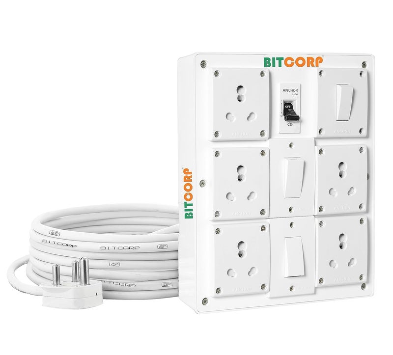 Bitcorp Extension Board Heavy Duty Junction Box 15A 16A 20A 5 Way Socket 3 Switch 5000 Load Capacity High Voltage with Thermal Protection Surge Control 1 Meter Long Cable Cord White - Image 1