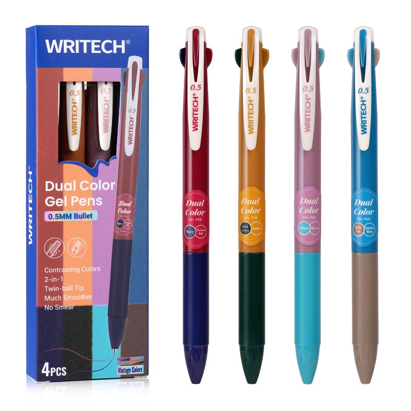 WRITECH Retractable Gel Ink Pens: Multi Colored 0.5mm Fine Point 2 in 1 Colorful Click Pen Assorted Color 4ct No Smear & Bleed for Smooth Writing Journaling Drawing Notetaking - Image 1