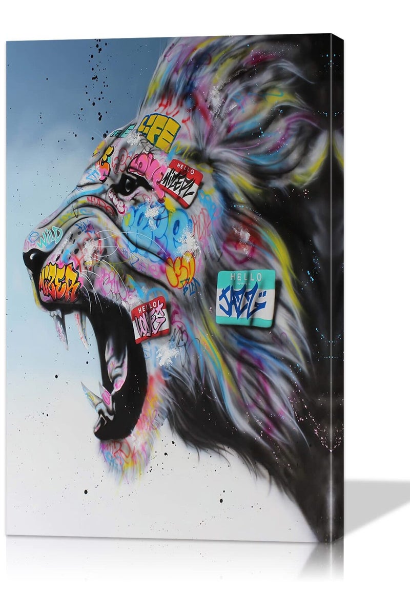 Mistyefly Colorful Graffiti Wall Art Canvas - Lion Street Art Poster for Bedroom Living Room Decor - Ready to Hang (12''H x 18''W) - Image 1