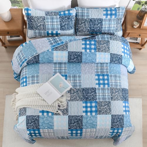 Xruibed Blue Quilt Set Queen Size 3 Pieces Plaid Floral Boho Bedspread Coverlet Set Patchwork Pattern Reversible Bedding Set Soft Microfiber Bedspread Set Queen for All Season(Queen 96"x90") - Image 4