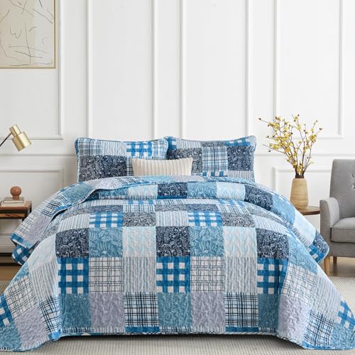 Xruibed Blue Quilt Set Queen Size 3 Pieces Plaid Floral Boho Bedspread Coverlet Set Patchwork Pattern Reversible Bedding Set Soft Microfiber Bedspread Set Queen for All Season(Queen 96"x90") - Image 1