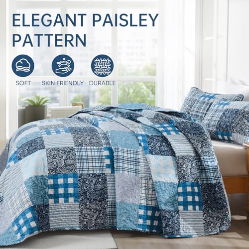 Xruibed Blue Quilt Set Queen Size 3 Pieces Plaid Floral Boho Bedspread Coverlet Set Patchwork Pattern Reversible Bedding Set Soft Microfiber Bedspread Set Queen for All Season(Queen 96"x90") - Image 3
