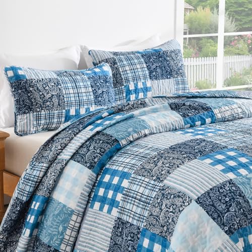 Xruibed Blue Quilt Set Queen Size 3 Pieces Plaid Floral Boho Bedspread Coverlet Set Patchwork Pattern Reversible Bedding Set Soft Microfiber Bedspread Set Queen for All Season(Queen 96"x90") - Image 5