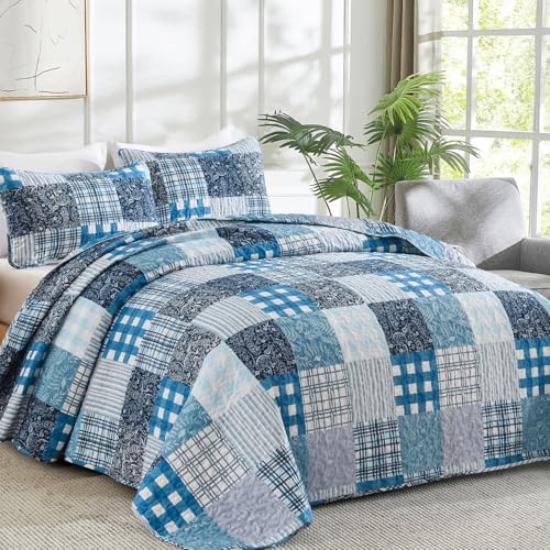 Xruibed Blue Quilt Set Queen Size 3 Pieces Plaid Floral Boho Bedspread Coverlet Set Patchwork Pattern Reversible Bedding Set Soft Microfiber Bedspread Set Queen for All Season(Queen 96"x90") - Image 2
