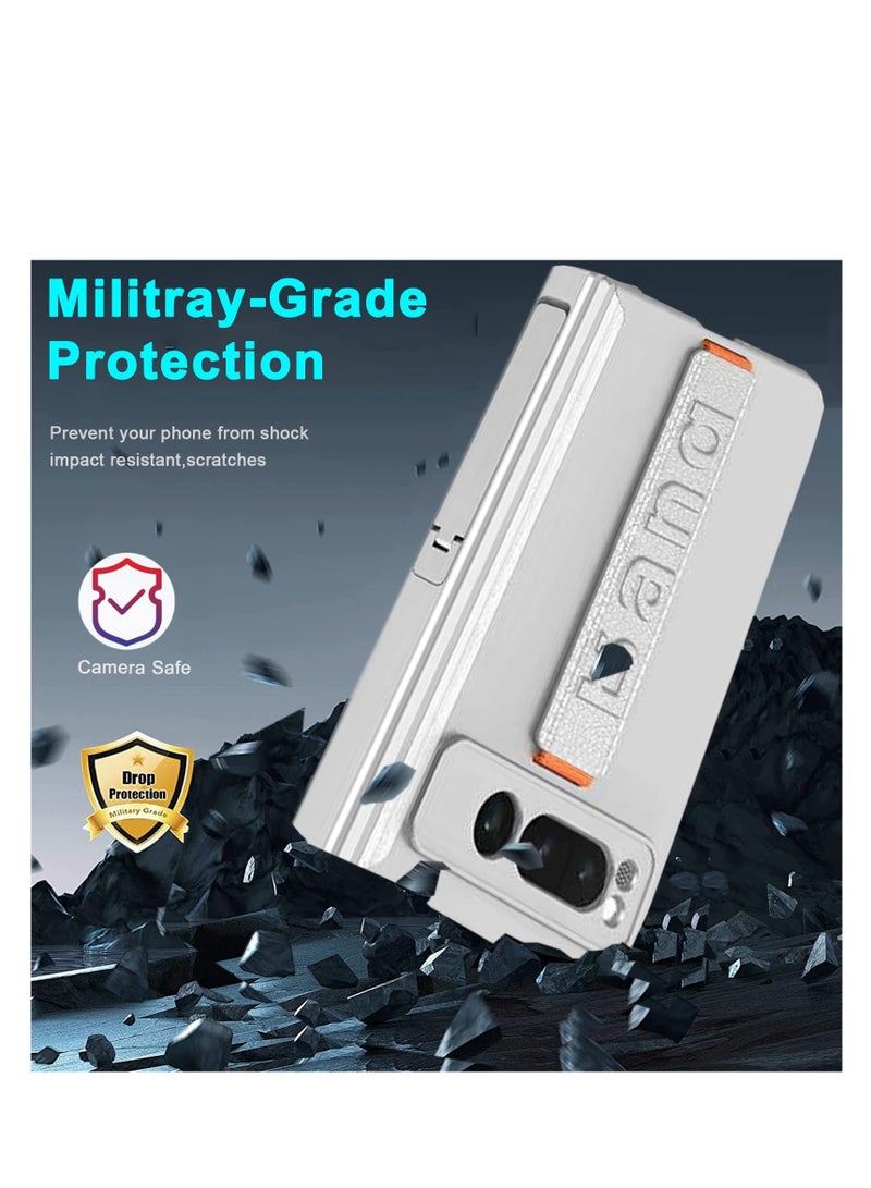 Compatible for Google Pixel Fold Phone Case, Magnetic Case with Screen Protector & Hand Strap, Silver Heavy Duty Shock-Absorption Hard Matte Cover, With Built-In Stand, for Pixel Fold Case - Image 4