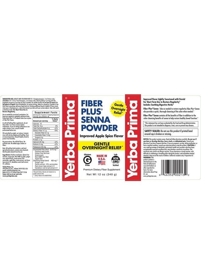 Fiber Plus Senna Powder, 12 Ounce (Pack of 3) - for Short-Term Use to Restore Regularity, Improved Apple Spice Flavor, Stevia Sweetened, Provides Gentle Overnight Relief, Non-GMO