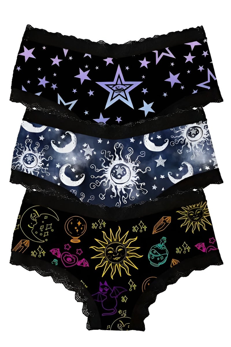 شارلي مجموعة من 3 سراويل داخلية فاخرة للنساء - مقاس M - تصميمات سماوية وغامضة مع حواف من الدانتيل - نسيج مريح وجيد التهوية - مجموعة ملابس داخلية أنيقة تتميز بالنجوم والقمر والشمس - ملابس داخلية ناعمة وأنثوية للارتداء اليومي - سراويل داخلية متوسطة الحجم بتفاصيل أنيقة - فكرة هدية فريدة للنساء والمراهقات - مادة مطاطية عالية الجودة لراحة طوال اليوم - مظهر غريب وساحر - مثالي للهدايا أو الاستخدام الشخصي - Image 1