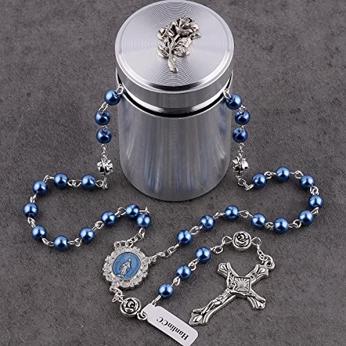HanlinCC 6mm Glass Pearl Beads with Rose Flower Our Father Beads Miraculous Catholic Rosary Necklace with Rose Metal Catholic Gift Box for Men and Women Blue Miraculous Rosary - Image 3