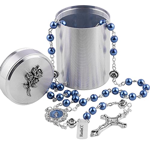 HanlinCC 6mm Glass Pearl Beads with Rose Flower Our Father Beads Miraculous Catholic Rosary Necklace with Rose Metal Catholic Gift Box for Men and Women Blue Miraculous Rosary - Image 1