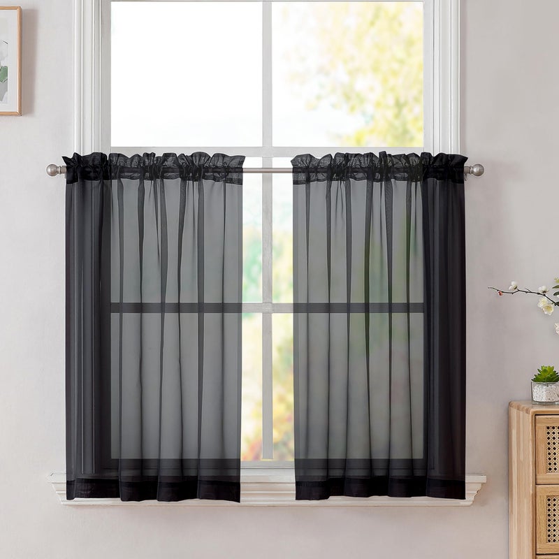 Simplebrand Black Sheer Kitchen Cafe Curtains - 36X36 Inch, 2 Paneled Tier Curtain Rod Pocket Sheers for Bathrooms, Small Windows - Image 1