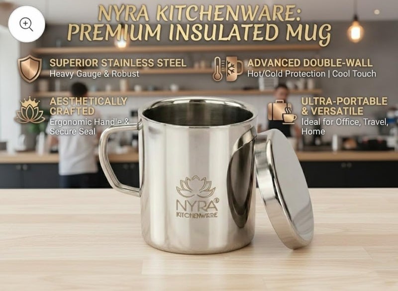 NYRA® Stainless Steel Double Walled Insulated Cup – 300 ML | Coffee and Tea Mug with Lid and Handle | Hotel | Home | Restaurant | Multipurpose Mug (1 Piece) - Image 2