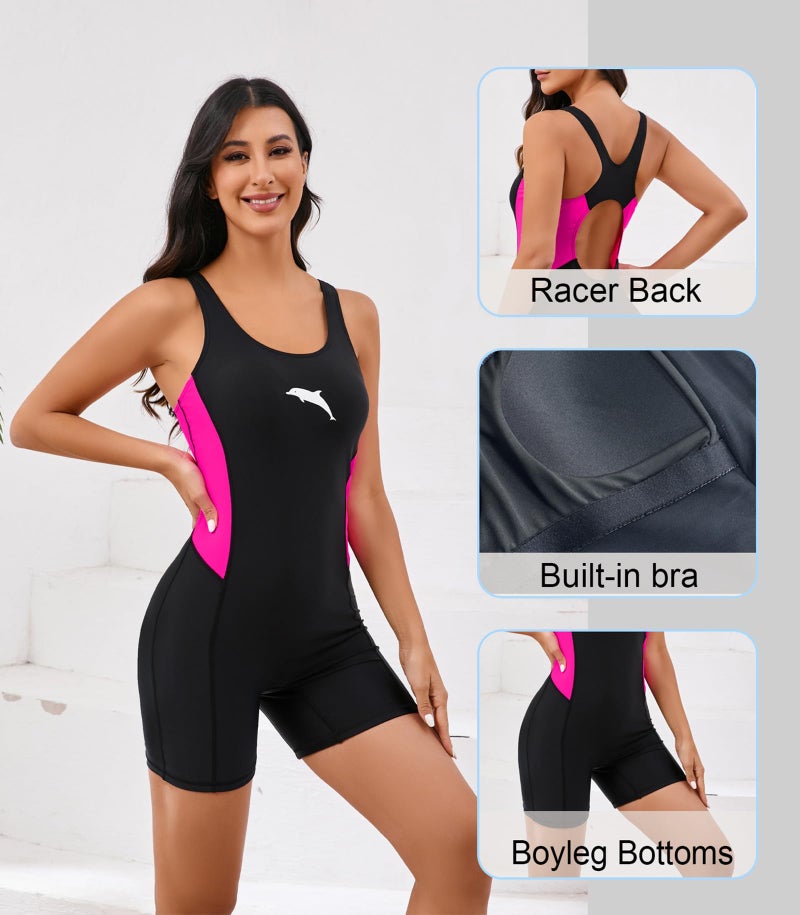 Halcurt Women's Athletic One Piece Boyleg Swimsuit Racerback Bathing Suit with Boyshorts Full Coverage Swimwear Black Hot Pink1 M - Image 5