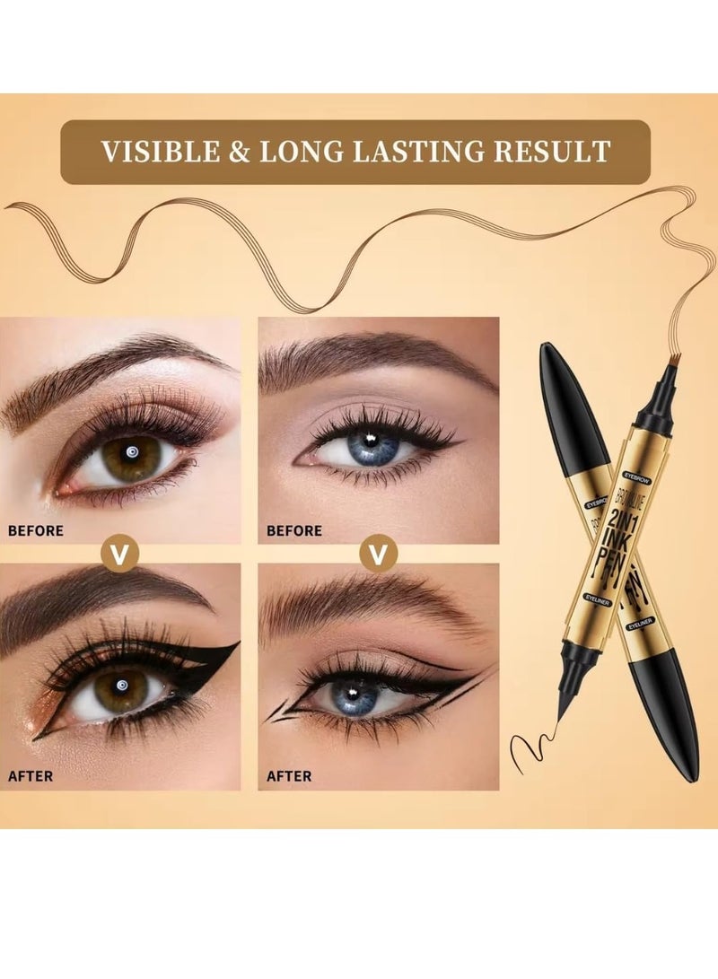 HelloKiss قلم حواجب وآيلاينر 2 في 1 مع حبر مقاوم للماء قلم آيلاينر قلم حواجب تاتو 3D مع طرف 4 شوكات بلون بني فاتح للحواجب وقلم آيلاينر أسود 01 - Image 3