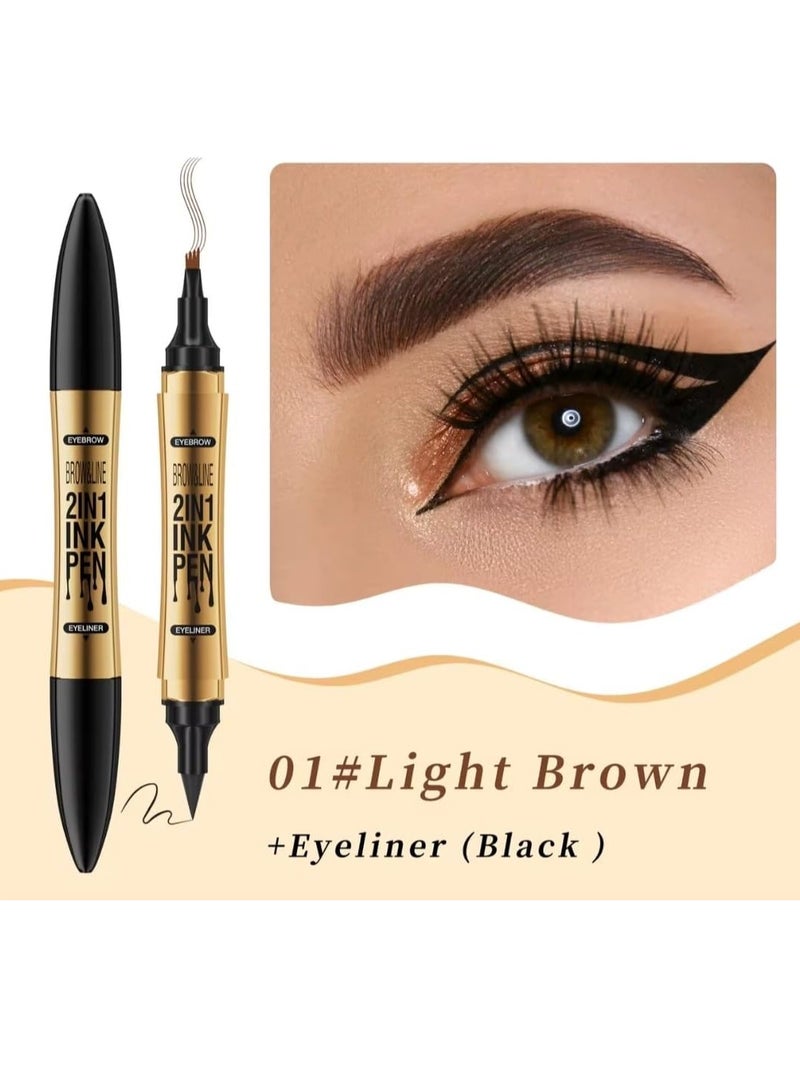 HelloKiss قلم حواجب وآيلاينر 2 في 1 مع حبر مقاوم للماء قلم آيلاينر قلم حواجب تاتو 3D مع طرف 4 شوكات بلون بني فاتح للحواجب وقلم آيلاينر أسود 01 - Image 4