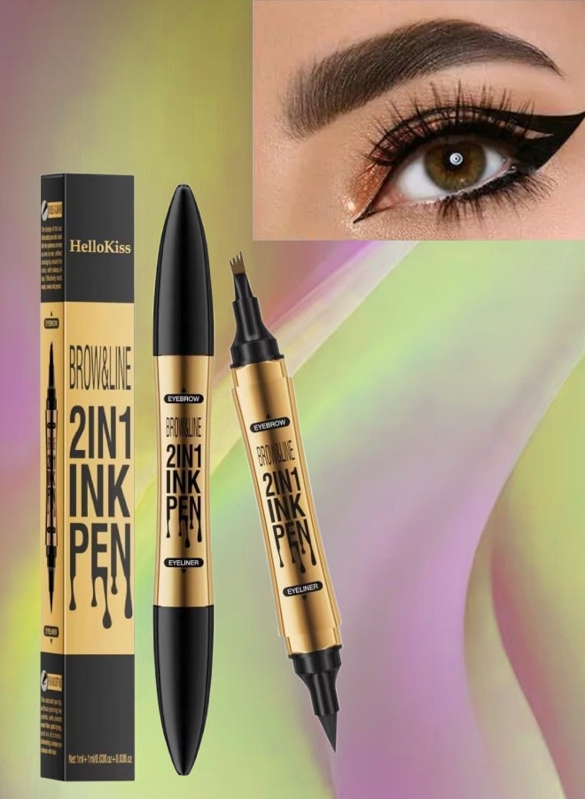 HelloKiss قلم حواجب وآيلاينر 2 في 1 مع حبر مقاوم للماء قلم آيلاينر قلم حواجب تاتو 3D مع طرف 4 شوكات بلون بني فاتح للحواجب وقلم آيلاينر أسود 01 - Image 1
