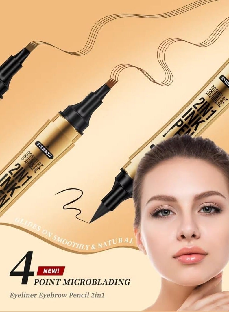 HelloKiss قلم حواجب وآيلاينر 2 في 1 مع حبر مقاوم للماء قلم آيلاينر قلم حواجب تاتو 3D مع طرف 4 شوكات بلون بني فاتح للحواجب وقلم آيلاينر أسود 01 - Image 2