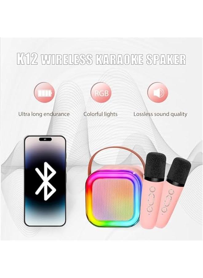 Mini Karaoke Machine for Adults and Kids, Portable Bluetooth Speaker with 2 Wireless Microphone, Led Lights Karaoke Gifts for Girls Boys Birthday Home Party (Pink, K12) - Image 2