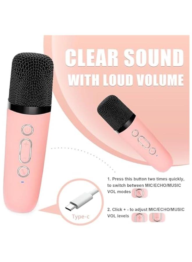 Mini Karaoke Machine for Adults and Kids, Portable Bluetooth Speaker with 2 Wireless Microphone, Led Lights Karaoke Gifts for Girls Boys Birthday Home Party (Pink, K12) - Image 4