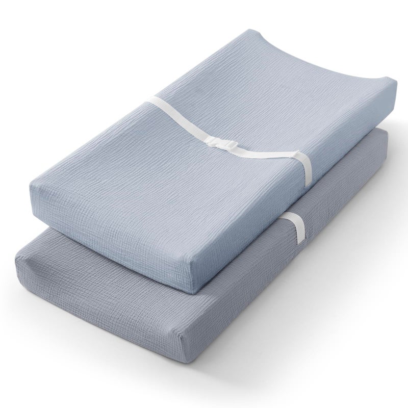 Blissful Diary Muslin Changing Pad Cover for Girls Boys Ultra Soft Breathable Cotton Baby Diaper Change Table Pad Covers 2Pack Light BlueGrey - Image 2