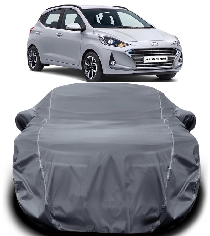 PODWILS Grand i10 Nios Cover Waterproof/Grand i10 Nios Car Body Cover/Hyundai Grand i10 Nios Car Cover Waterproof with Triple Stitched Fully Elastic Ultra Surface Body Protection (Grey Look) - Image 1