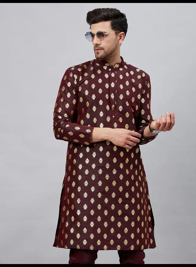 PRASHA Mens Wine Dupion Silk Kurta