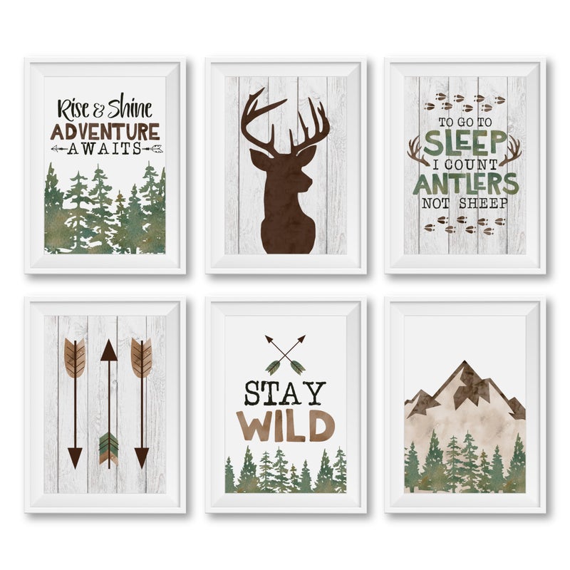 Hadley Designs 6 Woodland Nursery Wall Decor - Reversible Unframed Baby Boy Nursery Decor, Hunting Decors for Boys Room, Woodland Wall Decors, Mountain Hunting Prints for Kids, Made in USA - Image 1