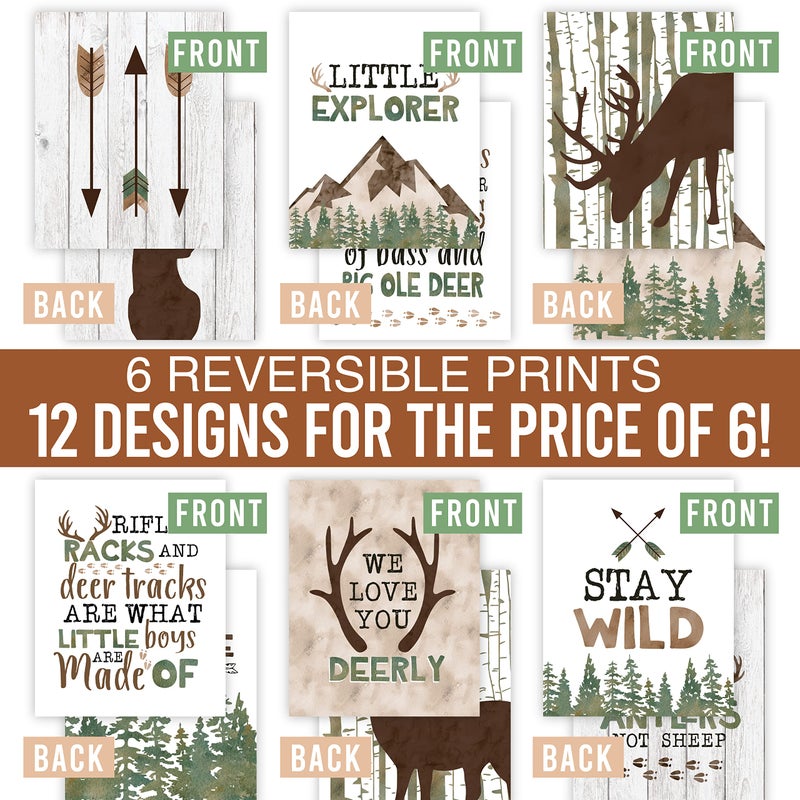 Hadley Designs 6 Woodland Nursery Wall Decor - Reversible Unframed Baby Boy Nursery Decor, Hunting Decors for Boys Room, Woodland Wall Decors, Mountain Hunting Prints for Kids, Made in USA - Image 4