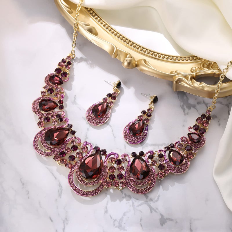BriLove Costume Fashion Jewelry Set for Women Crystal Teardrop Hollow Scroll Statement Necklace Dangle Earrings Amethyst Color Gold-Tone - Image 3